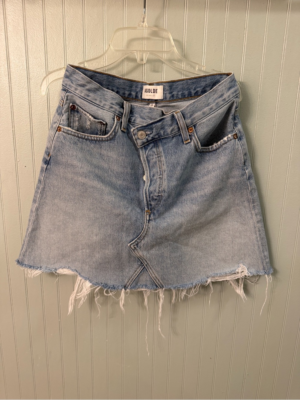 Agolde Light Blue Distressed Denim Mini Skirt